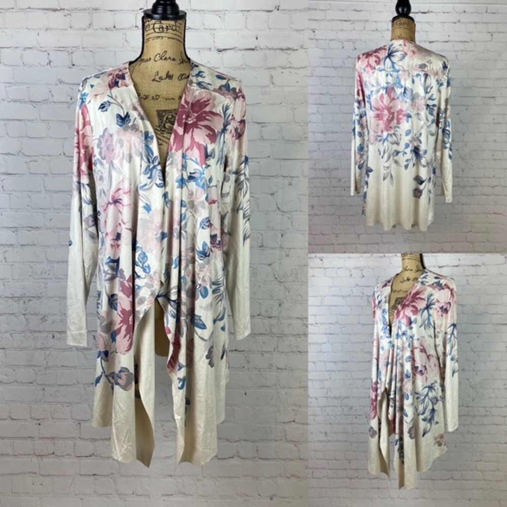 Cloth & Portrait Faux Suede Floral Print Open Front Long Sleeve Cardigan